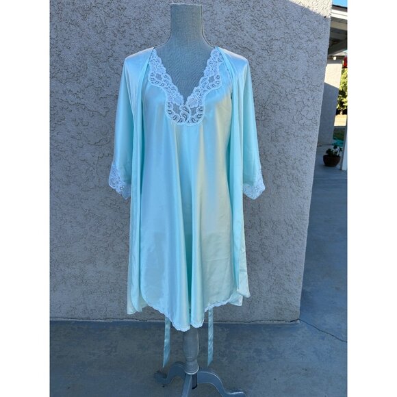 VTG Laura Adams Shiny Satin Lace Trim Nightgown & Robe Set Coquette M - Picture 1 of 7